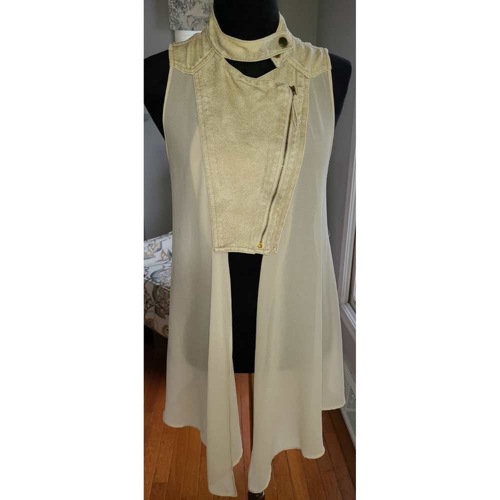 Cream faux leather top sleeveless open duster/long vest women's long chiffon hem